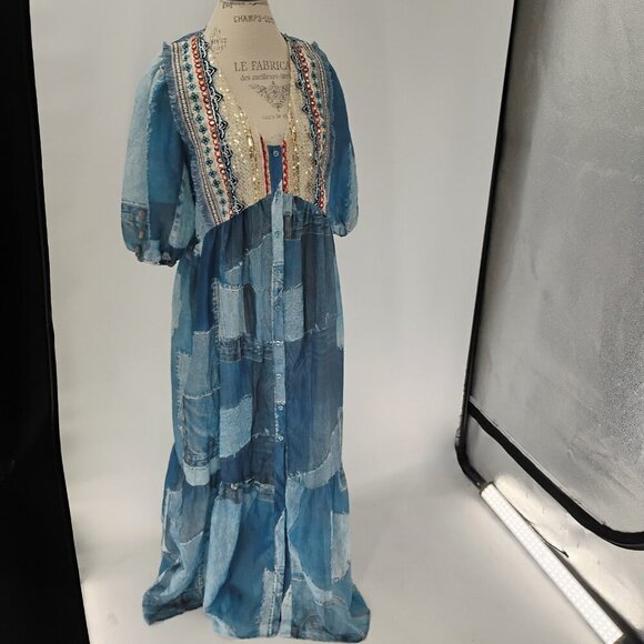 LONG DRESS WITH THREE QUARTER SLEEVES IMITATION DENIM PATCHES WITH SEQUIN - Picture 11 of 13